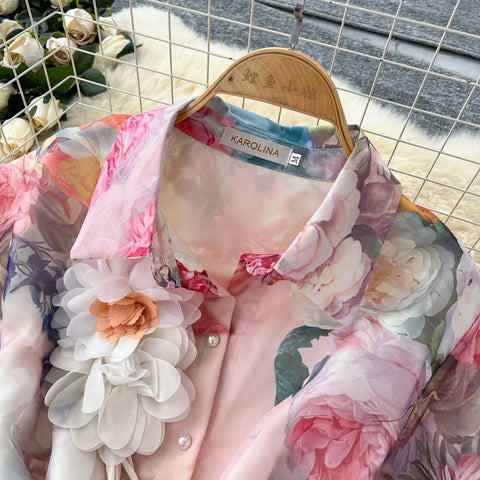 Floral Dress Female Single Breasted Puff Sleeves Chic French Vintage - American Thistle Floral Dress Female Single Breasted Puff Sleeves Chic French Vintage