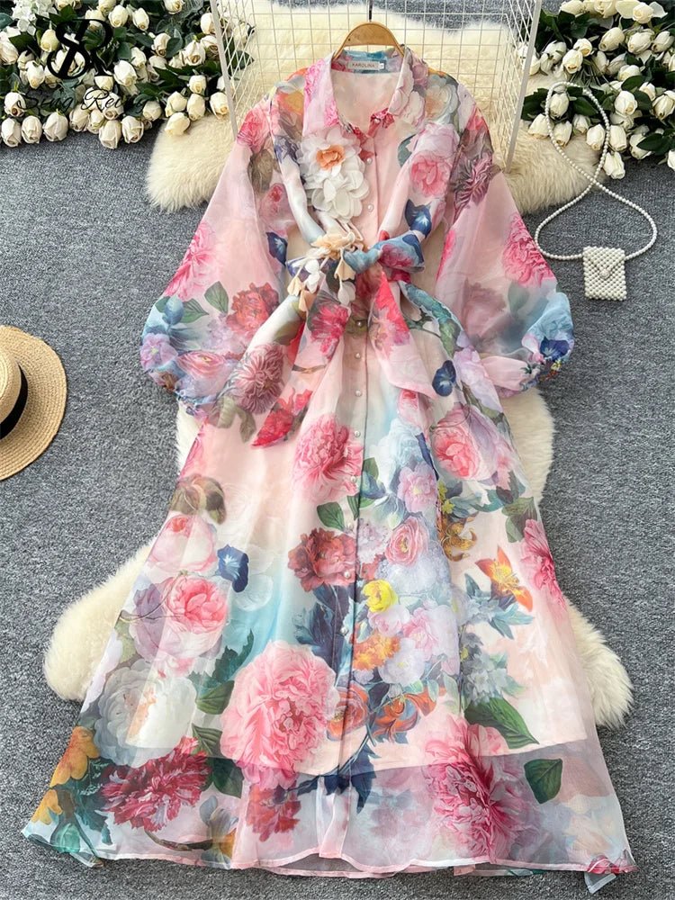 Floral Dress Female Single Breasted Puff Sleeves Chic French Vintage - American Thistle Floral Dress Female Single Breasted Puff Sleeves Chic French Vintage