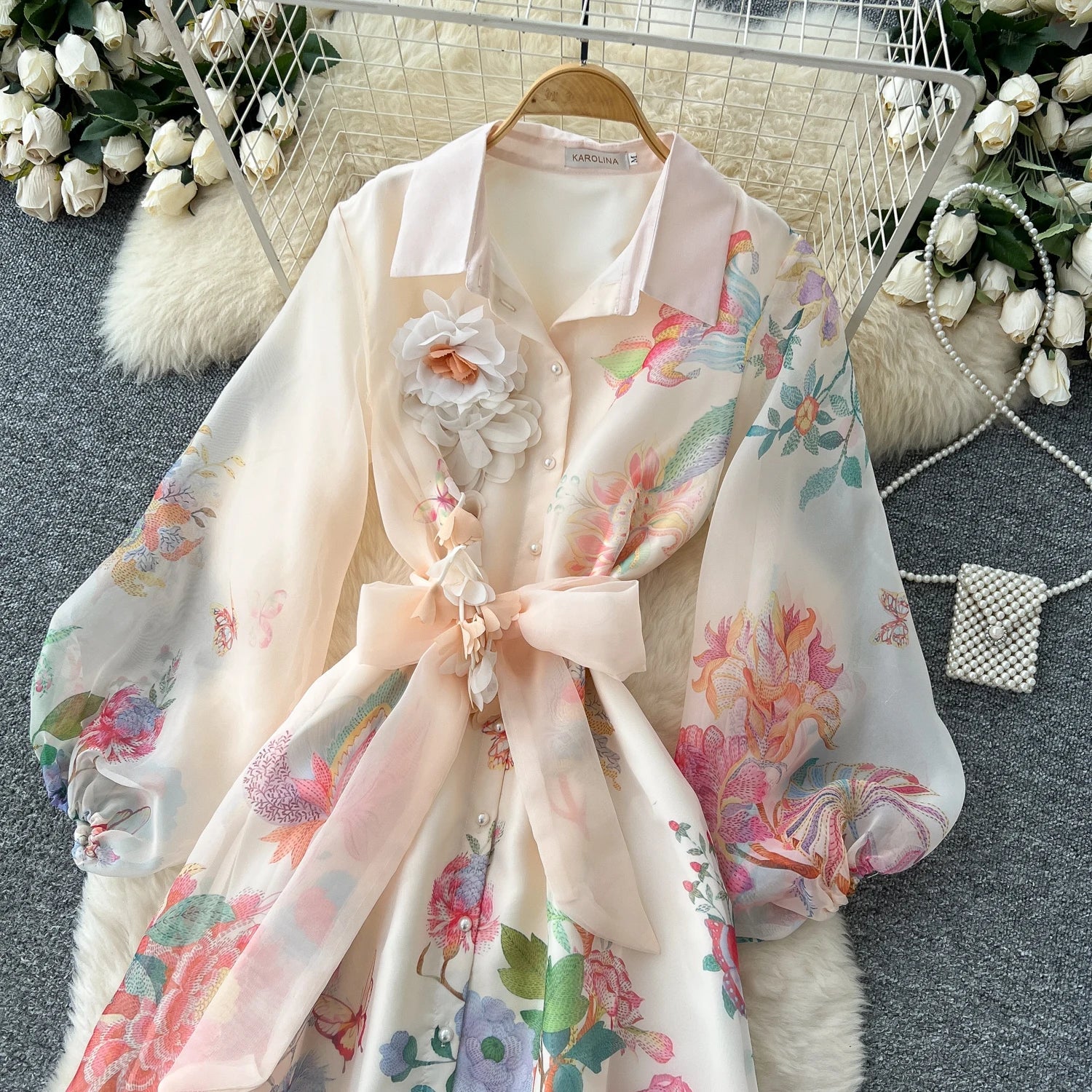 Floral Dress Female Single Breasted Puff Sleeves Chic French Vintage - American Thistle Floral Dress Female Single Breasted Puff Sleeves Chic French Vintage