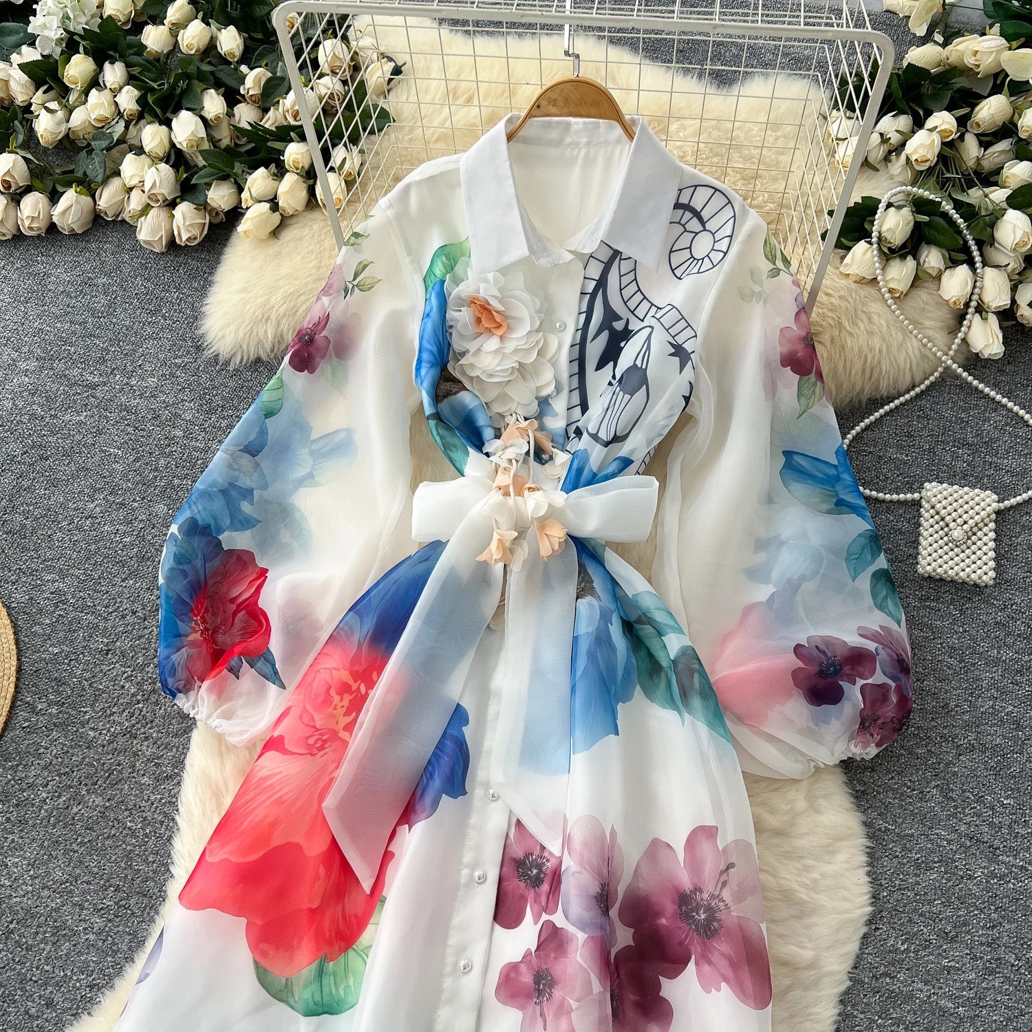 Floral Dress Female Single Breasted Puff Sleeves Chic French Vintage - American Thistle Floral Dress Female Single Breasted Puff Sleeves Chic French Vintage