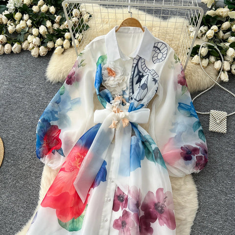 Floral Dress Female Single Breasted Puff Sleeves Chic French Vintage - American Thistle Floral Dress Female Single Breasted Puff Sleeves Chic French Vintage