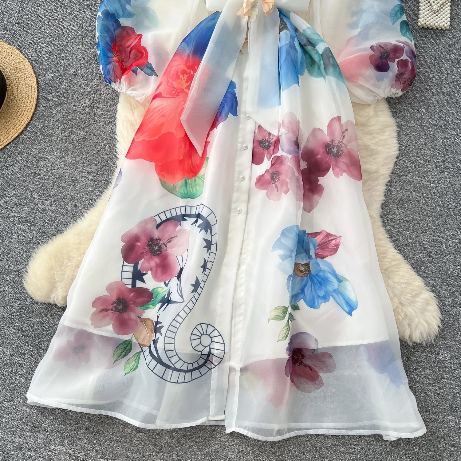 Floral Dress Female Single Breasted Puff Sleeves Chic French Vintage - American Thistle Floral Dress Female Single Breasted Puff Sleeves Chic French Vintage