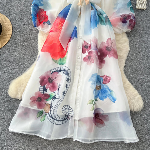 Floral Dress Female Single Breasted Puff Sleeves Chic French Vintage - American Thistle Floral Dress Female Single Breasted Puff Sleeves Chic French Vintage