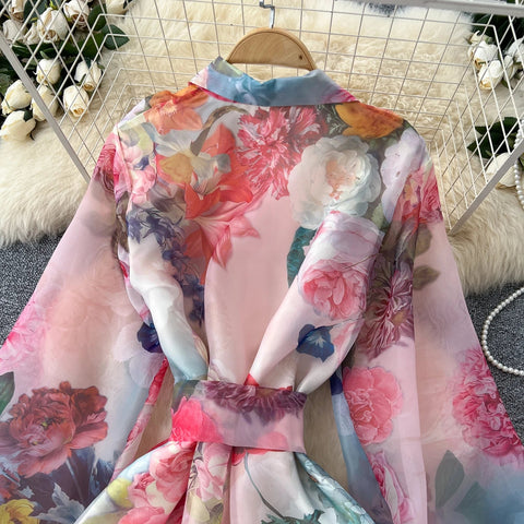 Floral Dress Female Single Breasted Puff Sleeves Chic French Vintage - American Thistle Floral Dress Female Single Breasted Puff Sleeves Chic French Vintage