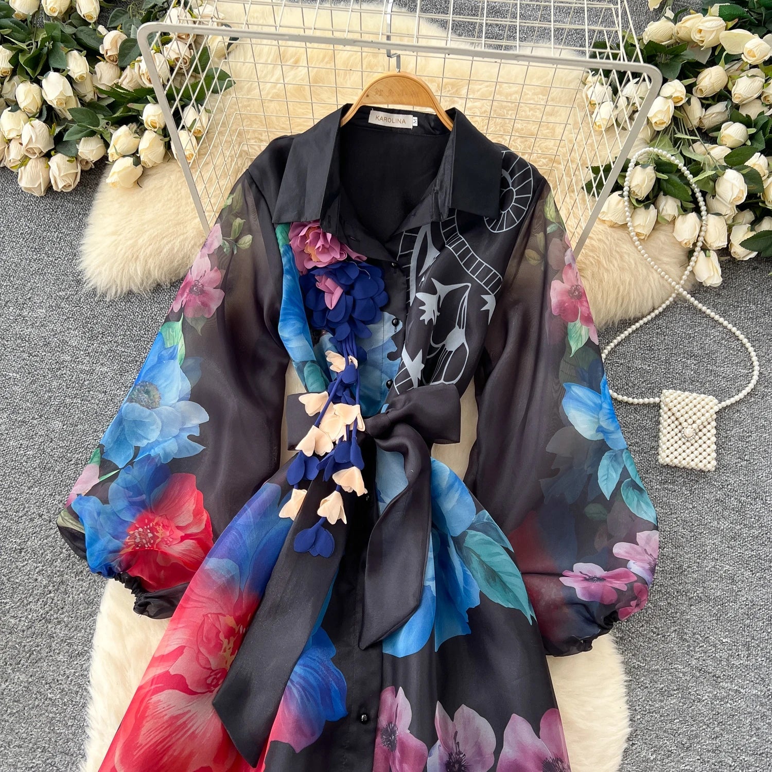 Floral Dress Female Single Breasted Puff Sleeves Chic French Vintage - American Thistle Floral Dress Female Single Breasted Puff Sleeves Chic French Vintage