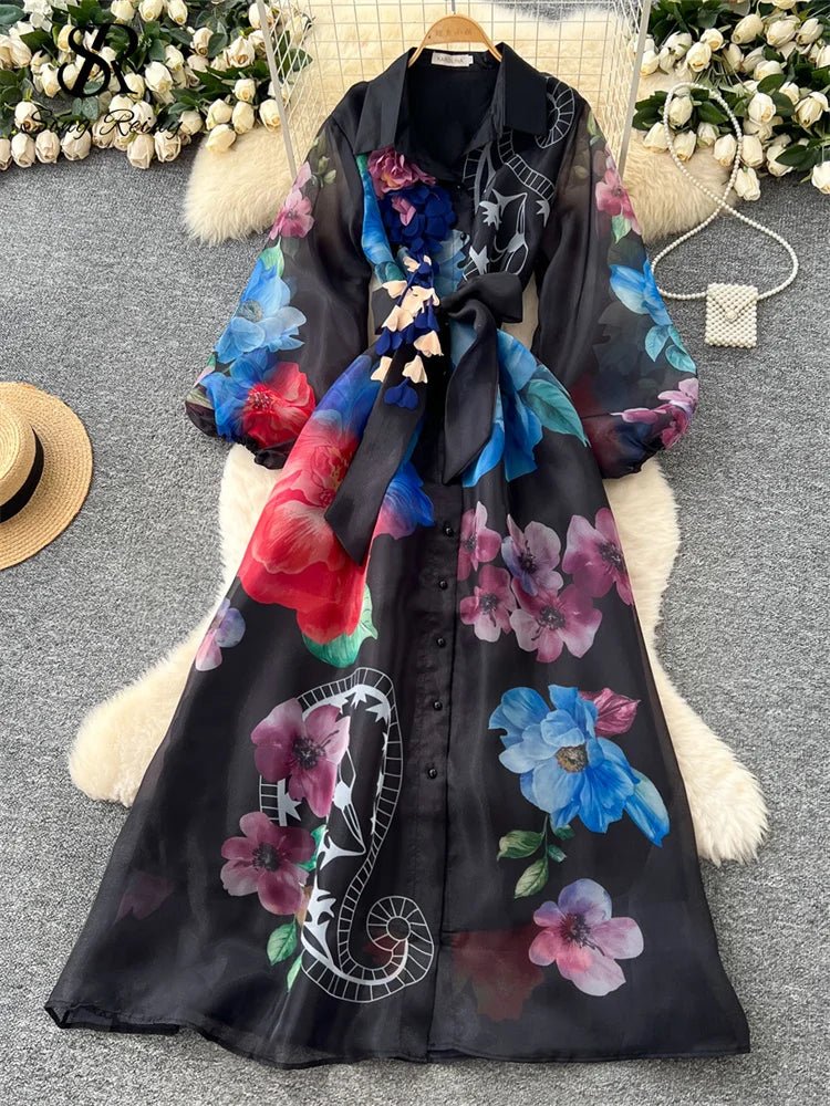 Floral Dress Female Single Breasted Puff Sleeves Chic French Vintage - American Thistle Floral Dress Female Single Breasted Puff Sleeves Chic French Vintage