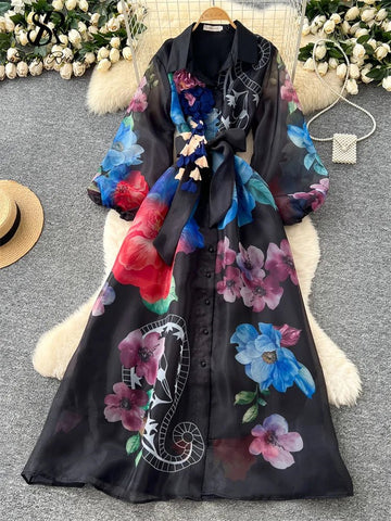 Floral Dress Female Single Breasted Puff Sleeves Chic French Vintage - American Thistle Floral Dress Female Single Breasted Puff Sleeves Chic French Vintage