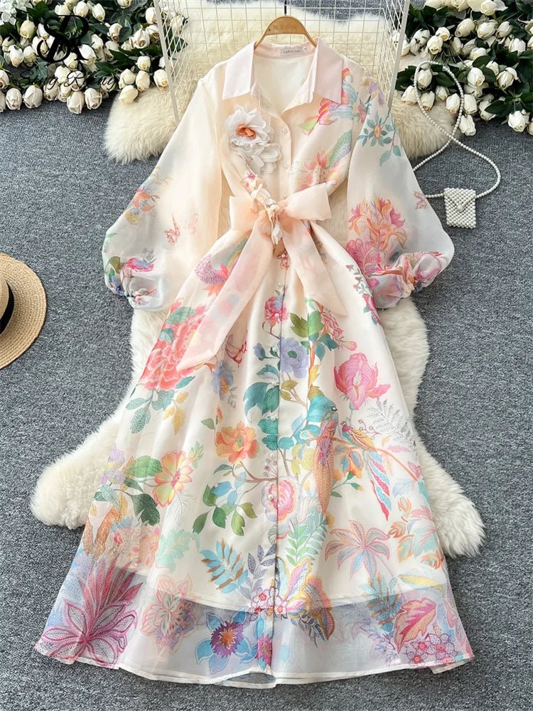 Floral Dress Female Single Breasted Puff Sleeves Chic French Vintage - American Thistle Floral Dress Female Single Breasted Puff Sleeves Chic French Vintage