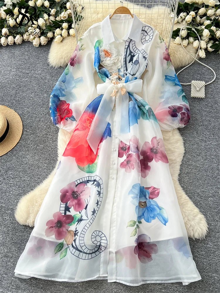 Floral Dress Female Single Breasted Puff Sleeves Chic French Vintage - American Thistle Floral Dress Female Single Breasted Puff Sleeves Chic French Vintage