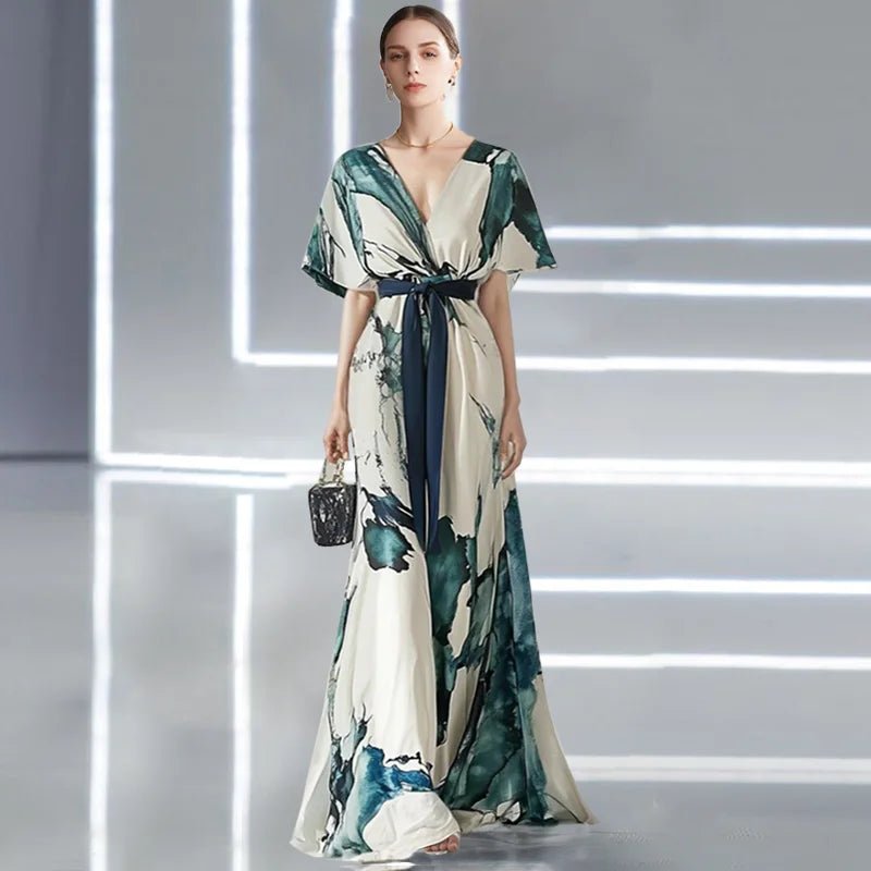 Floral Print Sashes Bohemian Dress Woman Sexy Deep V Neck Long Party Dress Elegant Summer - American Thistle Floral Print Sashes Bohemian Dress Woman Sexy Deep V Neck Long Party Dress Elegant Summer