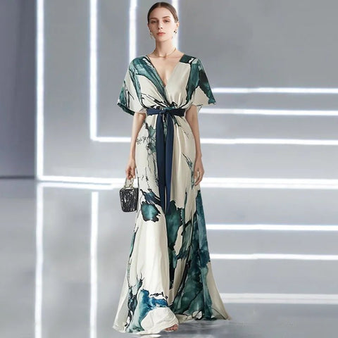 Floral Print Sashes Bohemian Dress Woman Sexy Deep V Neck Long Party Dress Elegant Summer - American Thistle Floral Print Sashes Bohemian Dress Woman Sexy Deep V Neck Long Party Dress Elegant Summer