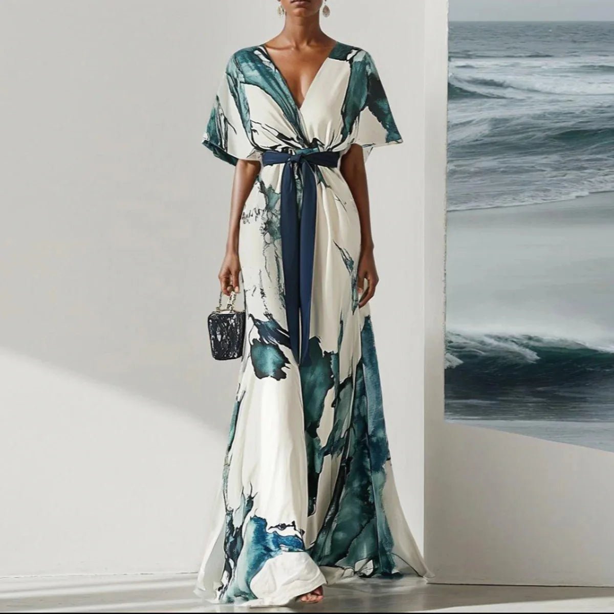 Floral Print Sashes Bohemian Dress Woman Sexy Deep V Neck Long Party Dress Elegant Summer - American Thistle Floral Print Sashes Bohemian Dress Woman Sexy Deep V Neck Long Party Dress Elegant Summer