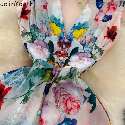 Floral Sweet Dresses for Women V - neck Flying Sleeve Elegant Single Breasted Tunic Summer Maxi Dress. La Femme - American Thistle Floral Sweet Dresses for Women V - neck Flying Sleeve Elegant Single Breasted Tunic Summer Maxi Dress. La Femme