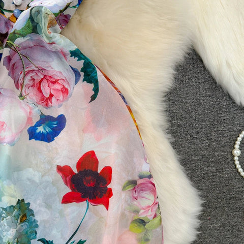 Floral Sweet Dresses for Women V - neck Flying Sleeve Elegant Single Breasted Tunic Summer Maxi Dress. La Femme - American Thistle Floral Sweet Dresses for Women V - neck Flying Sleeve Elegant Single Breasted Tunic Summer Maxi Dress. La Femme