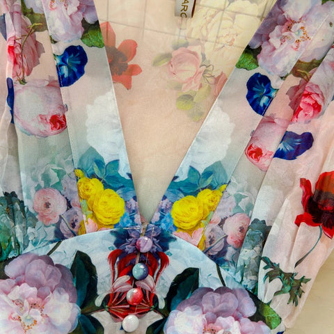 Floral Sweet Dresses for Women V - neck Flying Sleeve Elegant Single Breasted Tunic Summer Maxi Dress. La Femme - American Thistle Floral Sweet Dresses for Women V - neck Flying Sleeve Elegant Single Breasted Tunic Summer Maxi Dress. La Femme