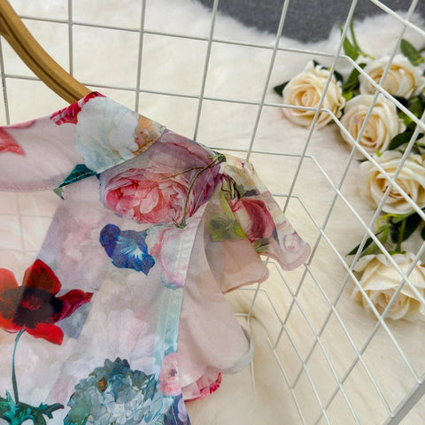 Floral Sweet Dresses for Women V - neck Flying Sleeve Elegant Single Breasted Tunic Summer Maxi Dress. La Femme - American Thistle Floral Sweet Dresses for Women V - neck Flying Sleeve Elegant Single Breasted Tunic Summer Maxi Dress. La Femme