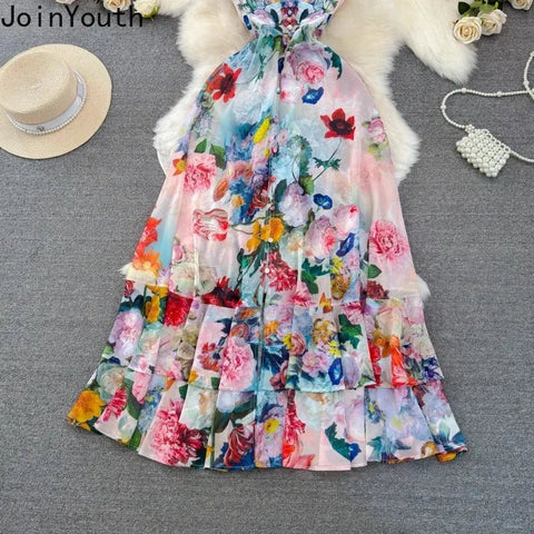 Floral Sweet Dresses for Women V - neck Flying Sleeve Elegant Single Breasted Tunic Summer Maxi Dress. La Femme - American Thistle Floral Sweet Dresses for Women V - neck Flying Sleeve Elegant Single Breasted Tunic Summer Maxi Dress. La Femme