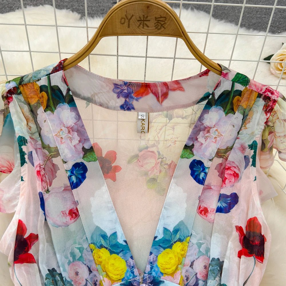 Floral Sweet Dresses for Women V - neck Flying Sleeve Elegant Single Breasted Tunic Summer Maxi Dress. La Femme - American Thistle Floral Sweet Dresses for Women V - neck Flying Sleeve Elegant Single Breasted Tunic Summer Maxi Dress. La Femme