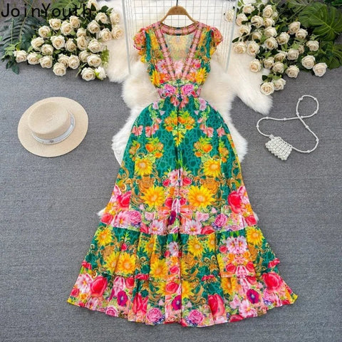 Floral Sweet Dresses for Women V - neck Flying Sleeve Elegant Single Breasted Tunic Summer Maxi Dress. La Femme - American Thistle Floral Sweet Dresses for Women V - neck Flying Sleeve Elegant Single Breasted Tunic Summer Maxi Dress. La Femme