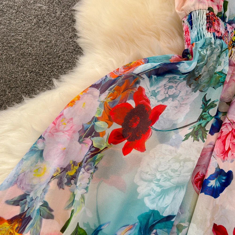 Floral Sweet Dresses for Women V - neck Flying Sleeve Elegant Single Breasted Tunic Summer Maxi Dress. La Femme - American Thistle Floral Sweet Dresses for Women V - neck Flying Sleeve Elegant Single Breasted Tunic Summer Maxi Dress. La Femme