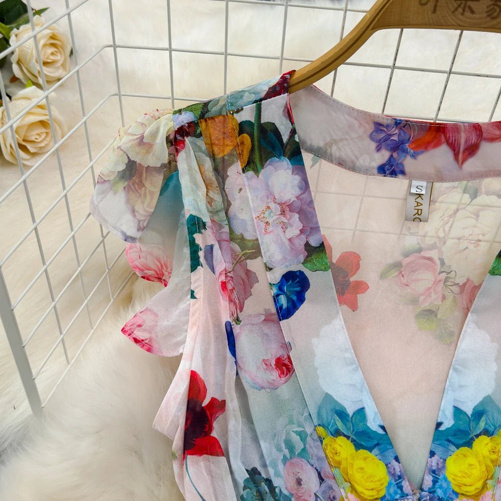 Floral Sweet Dresses for Women V - neck Flying Sleeve Elegant Single Breasted Tunic Summer Maxi Dress. La Femme - American Thistle Floral Sweet Dresses for Women V - neck Flying Sleeve Elegant Single Breasted Tunic Summer Maxi Dress. La Femme