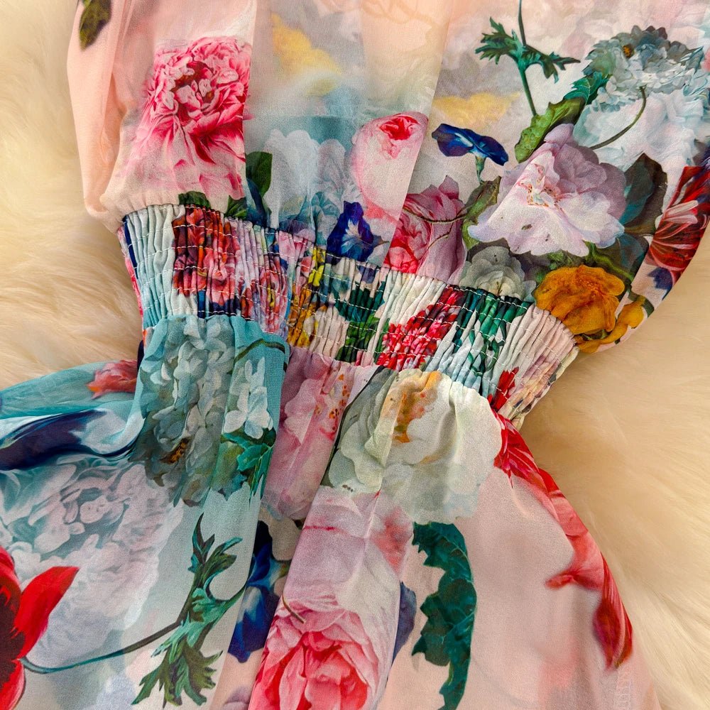 Floral Sweet Dresses for Women V - neck Flying Sleeve Elegant Single Breasted Tunic Summer Maxi Dress. La Femme - American Thistle Floral Sweet Dresses for Women V - neck Flying Sleeve Elegant Single Breasted Tunic Summer Maxi Dress. La Femme