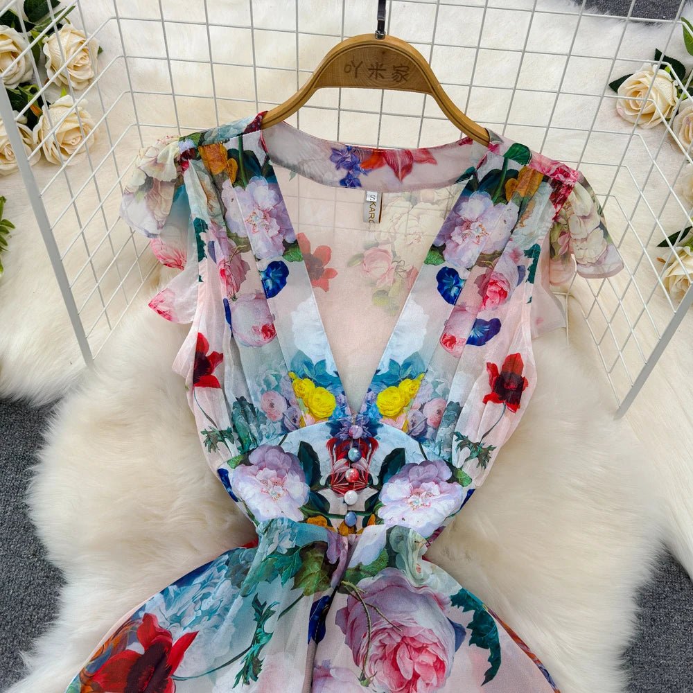 Floral Sweet Dresses for Women V - neck Flying Sleeve Elegant Single Breasted Tunic Summer Maxi Dress. La Femme - American Thistle Floral Sweet Dresses for Women V - neck Flying Sleeve Elegant Single Breasted Tunic Summer Maxi Dress. La Femme