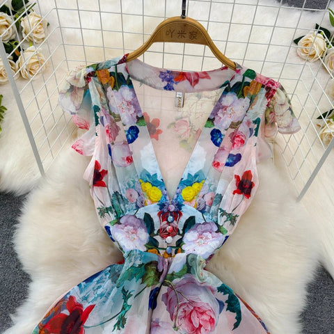 Floral Sweet Dresses for Women V - neck Flying Sleeve Elegant Single Breasted Tunic Summer Maxi Dress. La Femme - American Thistle Floral Sweet Dresses for Women V - neck Flying Sleeve Elegant Single Breasted Tunic Summer Maxi Dress. La Femme