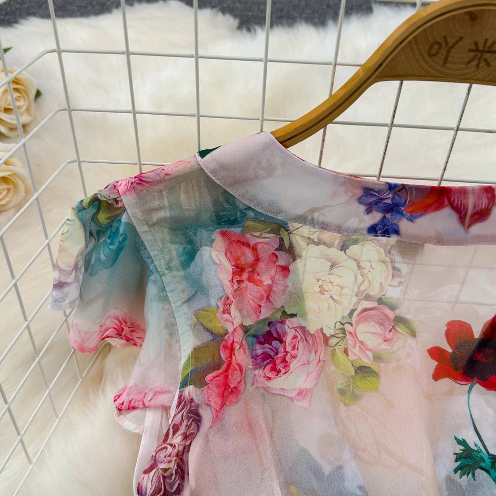 Floral Sweet Dresses for Women V - neck Flying Sleeve Elegant Single Breasted Tunic Summer Maxi Dress. La Femme - American Thistle Floral Sweet Dresses for Women V - neck Flying Sleeve Elegant Single Breasted Tunic Summer Maxi Dress. La Femme