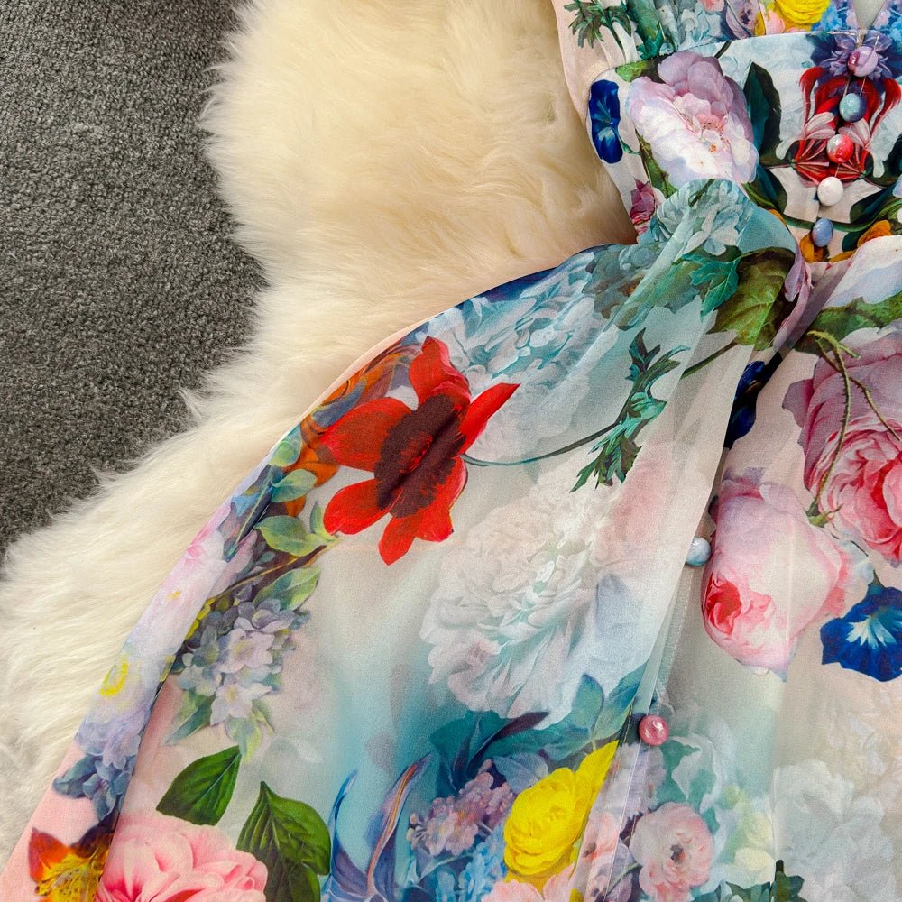 Floral Sweet Dresses for Women V - neck Flying Sleeve Elegant Single Breasted Tunic Summer Maxi Dress. La Femme - American Thistle Floral Sweet Dresses for Women V - neck Flying Sleeve Elegant Single Breasted Tunic Summer Maxi Dress. La Femme