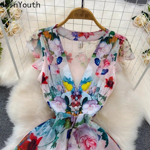 Floral Sweet Dresses for Women V - neck Flying Sleeve Elegant Single Breasted Tunic Summer Maxi Dress. La Femme - American Thistle Floral Sweet Dresses for Women V - neck Flying Sleeve Elegant Single Breasted Tunic Summer Maxi Dress. La Femme