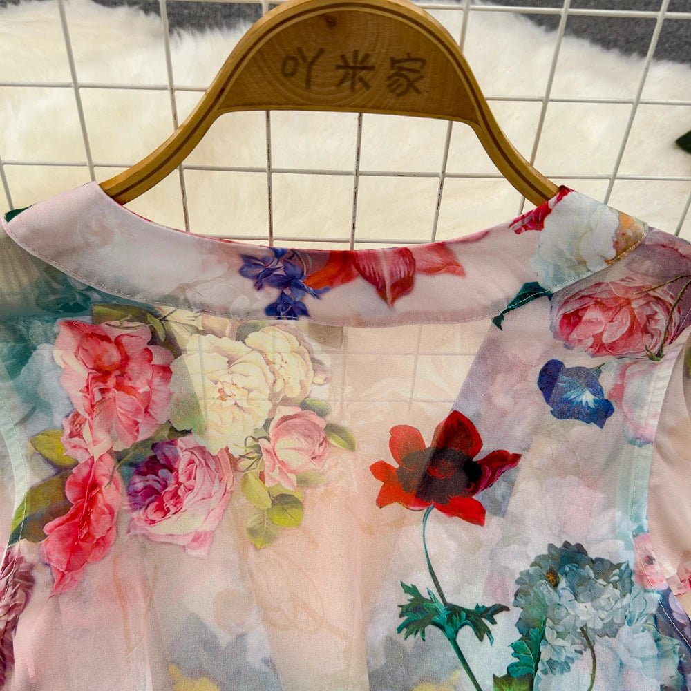 Floral Sweet Dresses for Women V - neck Flying Sleeve Elegant Single Breasted Tunic Summer Maxi Dress. La Femme - American Thistle Floral Sweet Dresses for Women V - neck Flying Sleeve Elegant Single Breasted Tunic Summer Maxi Dress. La Femme