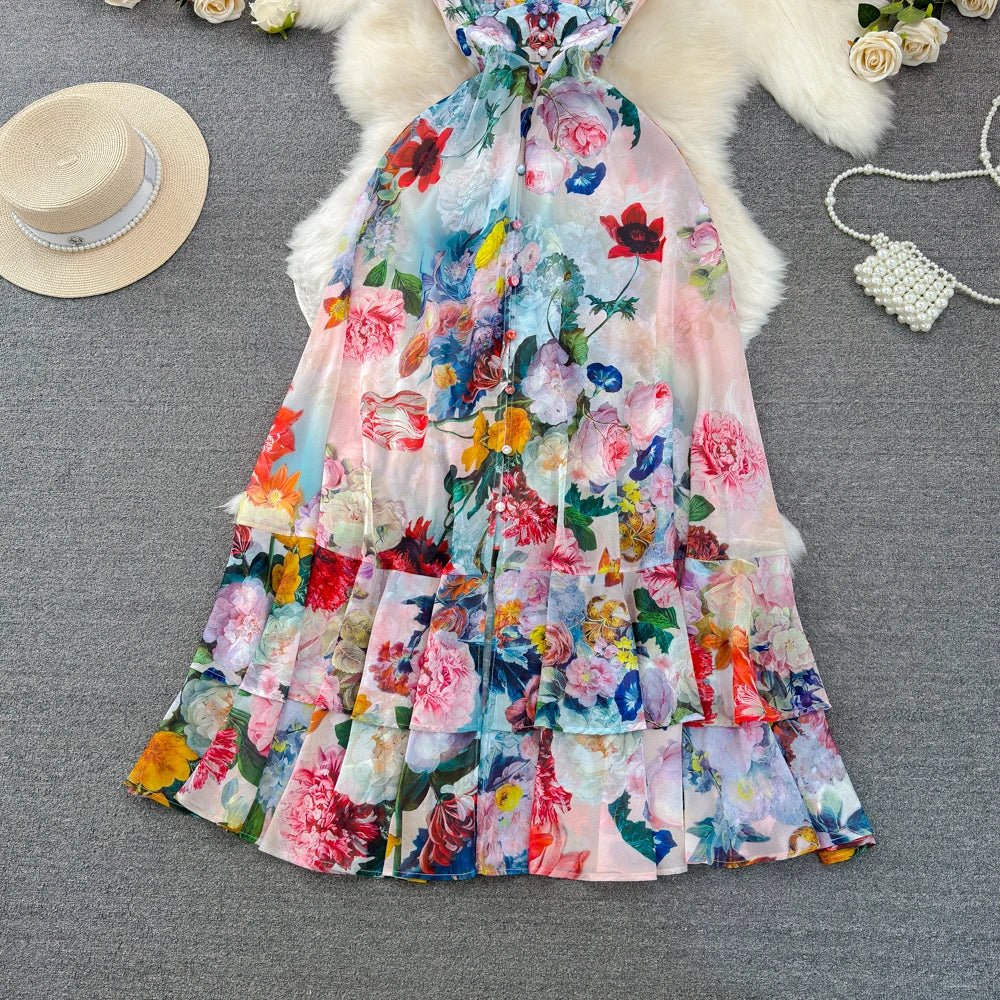 Floral Sweet Dresses for Women V - neck Flying Sleeve Elegant Single Breasted Tunic Summer Maxi Dress. La Femme - American Thistle Floral Sweet Dresses for Women V - neck Flying Sleeve Elegant Single Breasted Tunic Summer Maxi Dress. La Femme