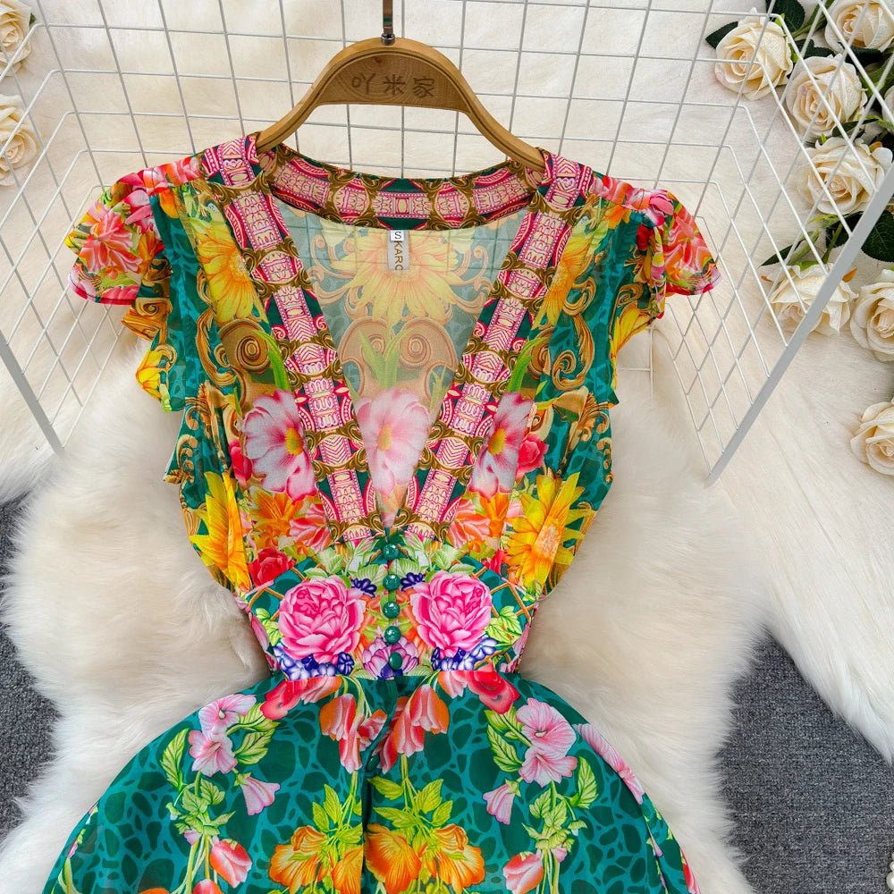 Floral Sweet Dresses for Women V - neck Flying Sleeve Elegant Single Breasted Tunic Summer Maxi Dress. La Femme - American Thistle Floral Sweet Dresses for Women V - neck Flying Sleeve Elegant Single Breasted Tunic Summer Maxi Dress. La Femme