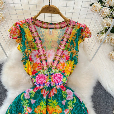 Floral Sweet Dresses for Women V - neck Flying Sleeve Elegant Single Breasted Tunic Summer Maxi Dress. La Femme - American Thistle Floral Sweet Dresses for Women V - neck Flying Sleeve Elegant Single Breasted Tunic Summer Maxi Dress. La Femme