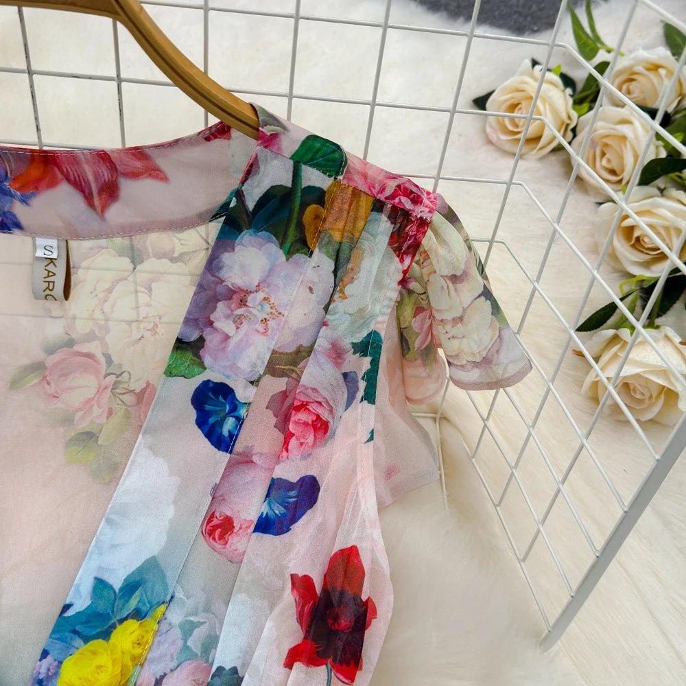 Floral Sweet Dresses for Women V - neck Flying Sleeve Elegant Single Breasted Tunic Summer Maxi Dress. La Femme - American Thistle Floral Sweet Dresses for Women V - neck Flying Sleeve Elegant Single Breasted Tunic Summer Maxi Dress. La Femme