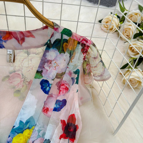 Floral Sweet Dresses for Women V - neck Flying Sleeve Elegant Single Breasted Tunic Summer Maxi Dress. La Femme - American Thistle Floral Sweet Dresses for Women V - neck Flying Sleeve Elegant Single Breasted Tunic Summer Maxi Dress. La Femme