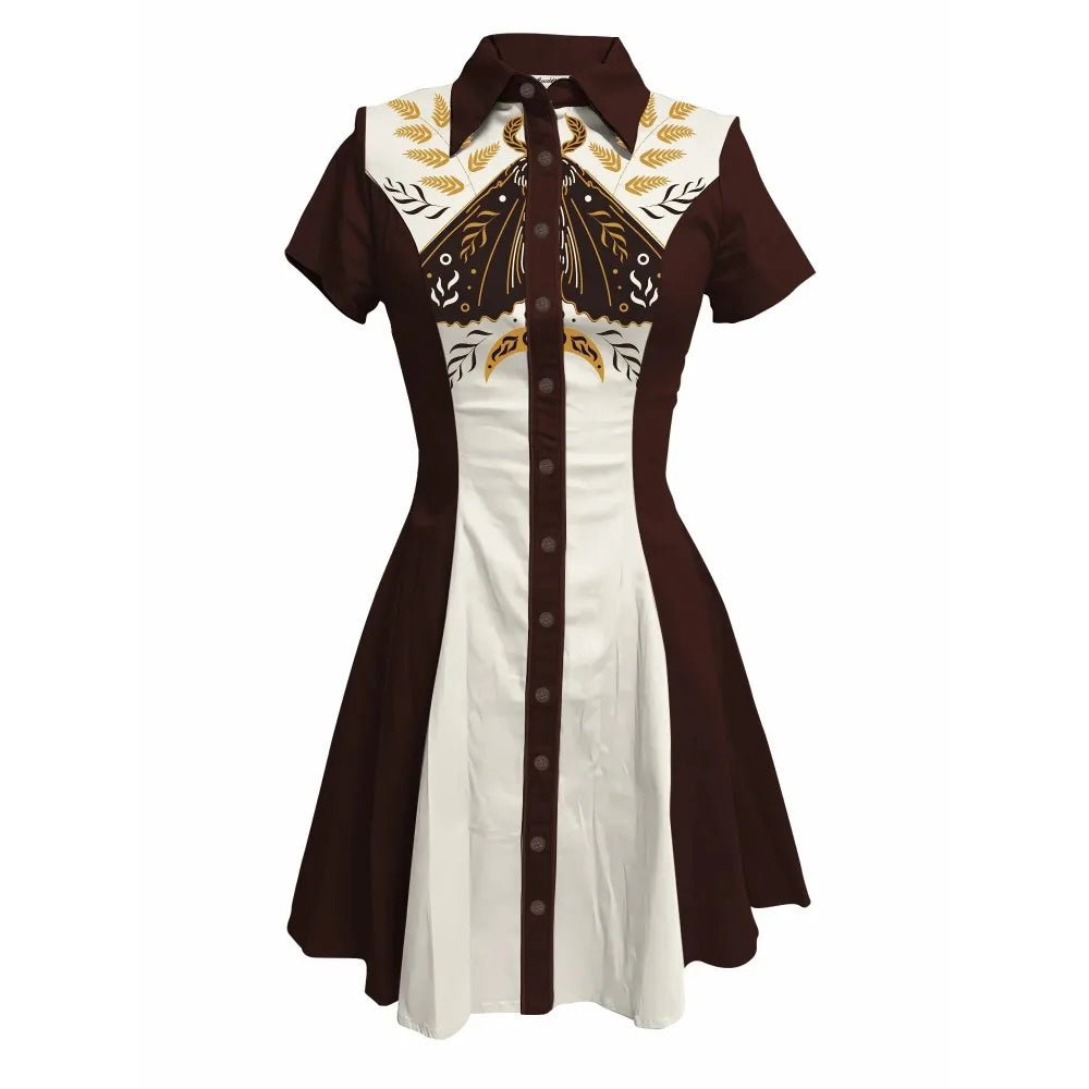 Flower and Moth Printed Cowgirl Dress for Women Button - down Dress Short Sleeves - American Thistle Flower and Moth Printed Cowgirl Dress for Women Button - down Dress Short Sleeves
