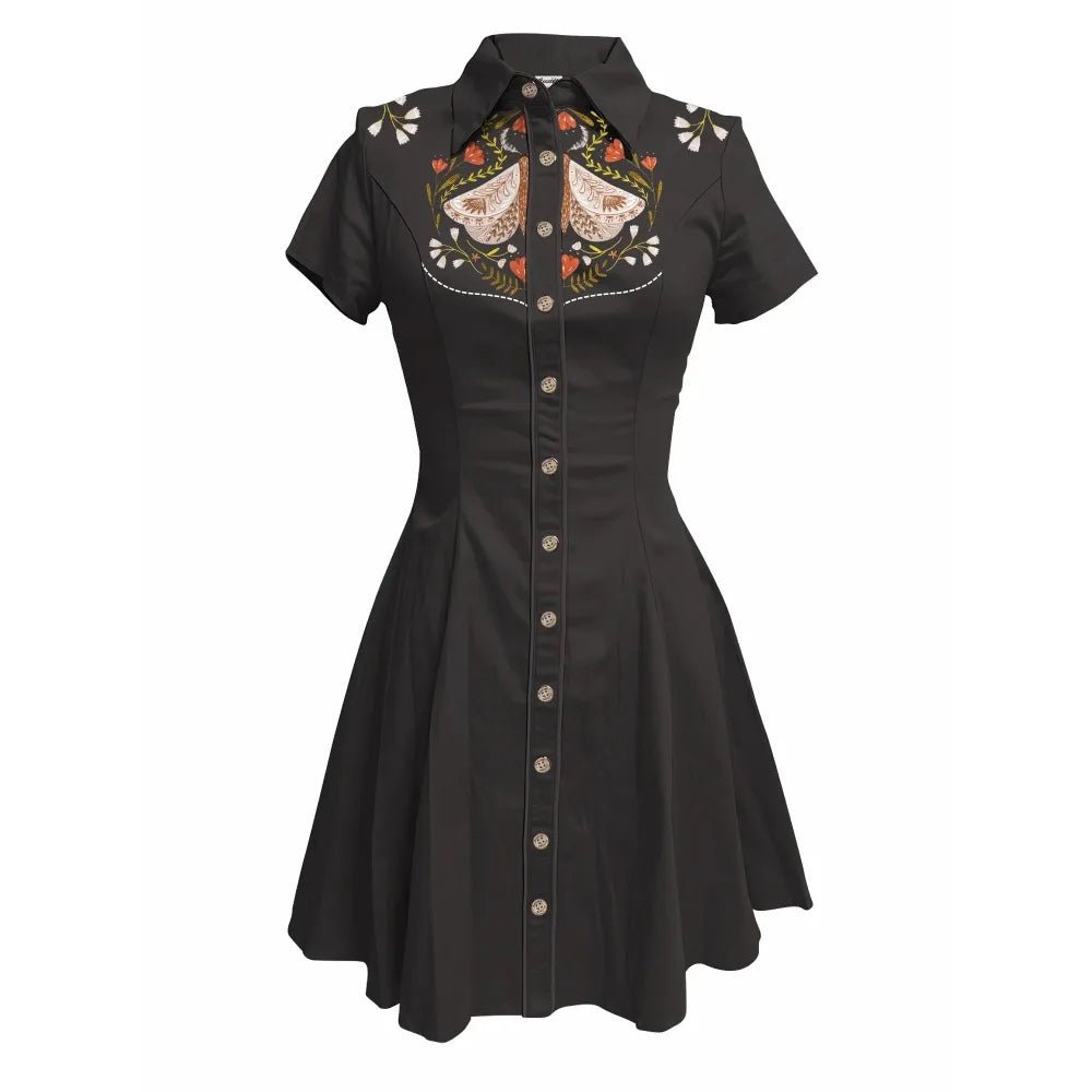 Flower and Moth Printed Cowgirl Dress for Women Button - down Dress Short Sleeves - American Thistle Flower and Moth Printed Cowgirl Dress for Women Button - down Dress Short Sleeves