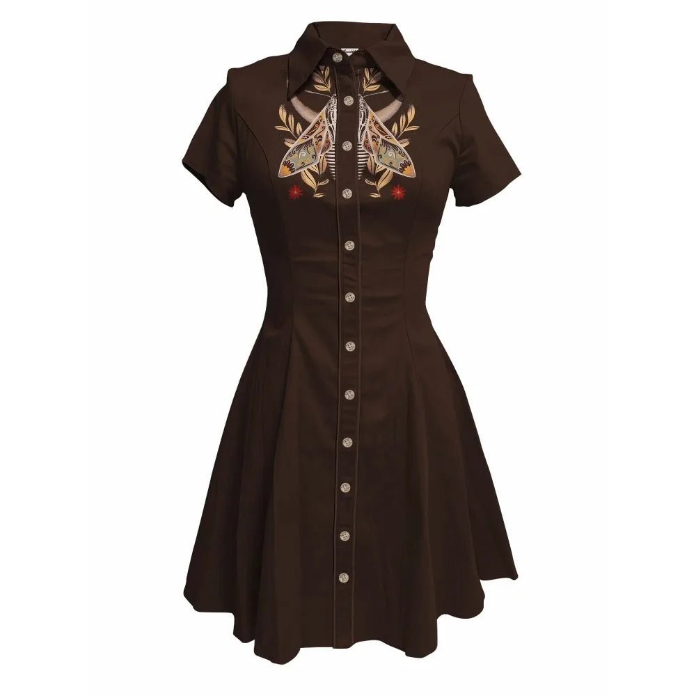 Flower and Moth Printed Cowgirl Dress for Women Button - down Dress Short Sleeves - American Thistle Flower and Moth Printed Cowgirl Dress for Women Button - down Dress Short Sleeves