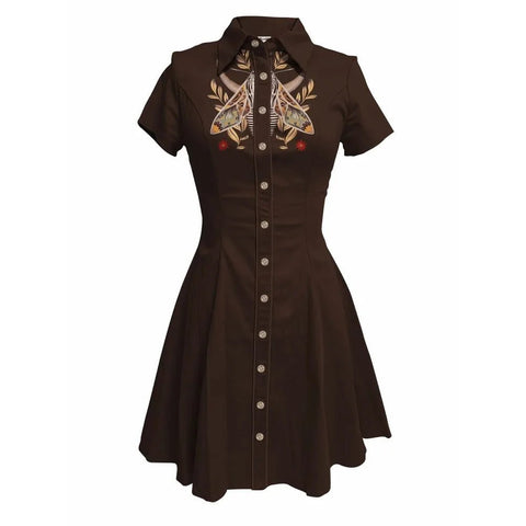 Flower and Moth Printed Cowgirl Dress for Women Button - down Dress Short Sleeves - American Thistle Flower and Moth Printed Cowgirl Dress for Women Button - down Dress Short Sleeves