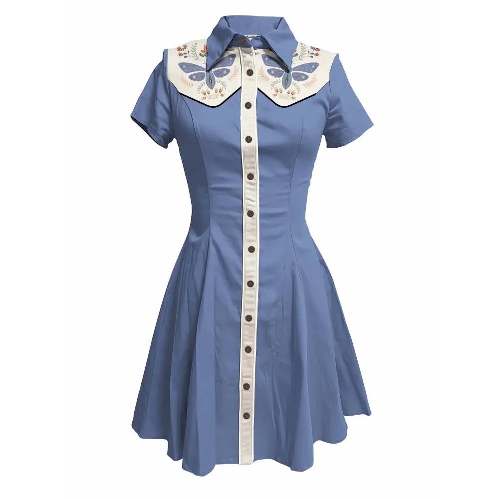 Flower and Moth Printed Cowgirl Dress for Women Button - down Dress Short Sleeves - American Thistle Flower and Moth Printed Cowgirl Dress for Women Button - down Dress Short Sleeves