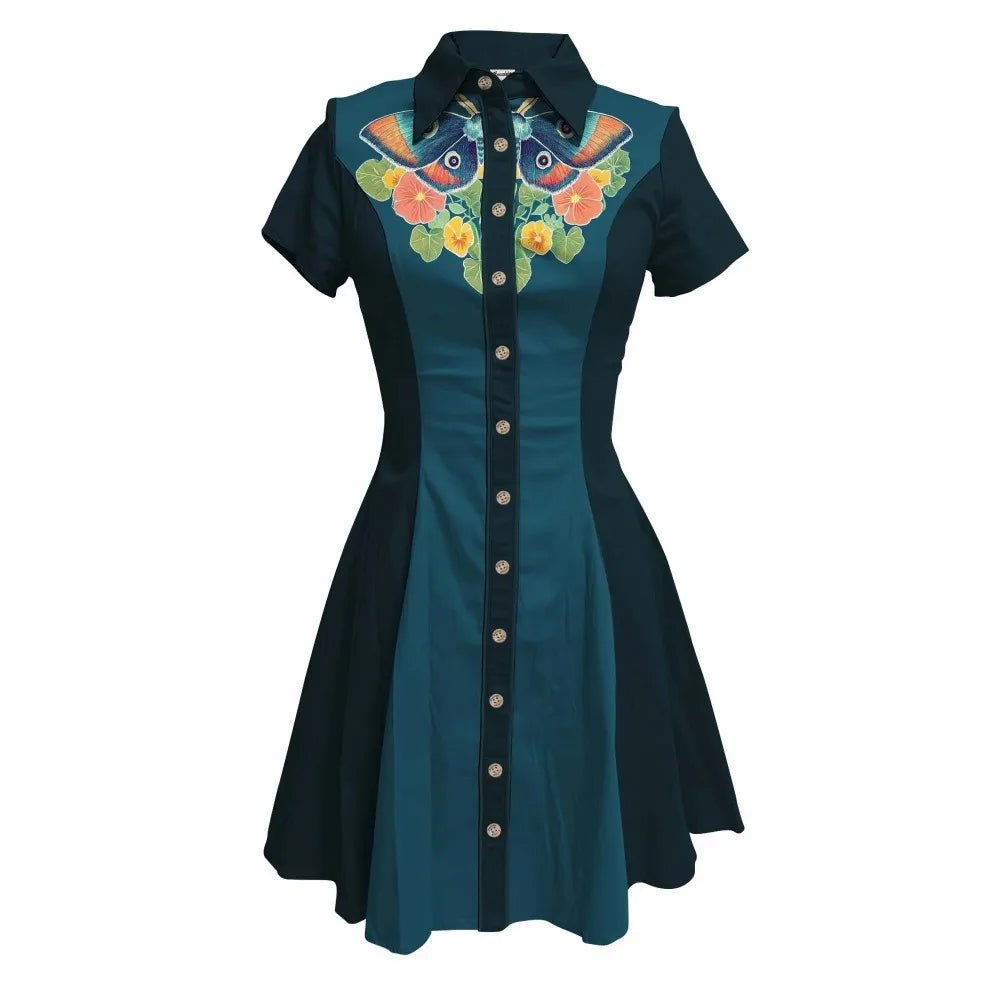 Flower and Moth Printed Cowgirl Dress for Women Button - down Dress Short Sleeves - American Thistle Flower and Moth Printed Cowgirl Dress for Women Button - down Dress Short Sleeves