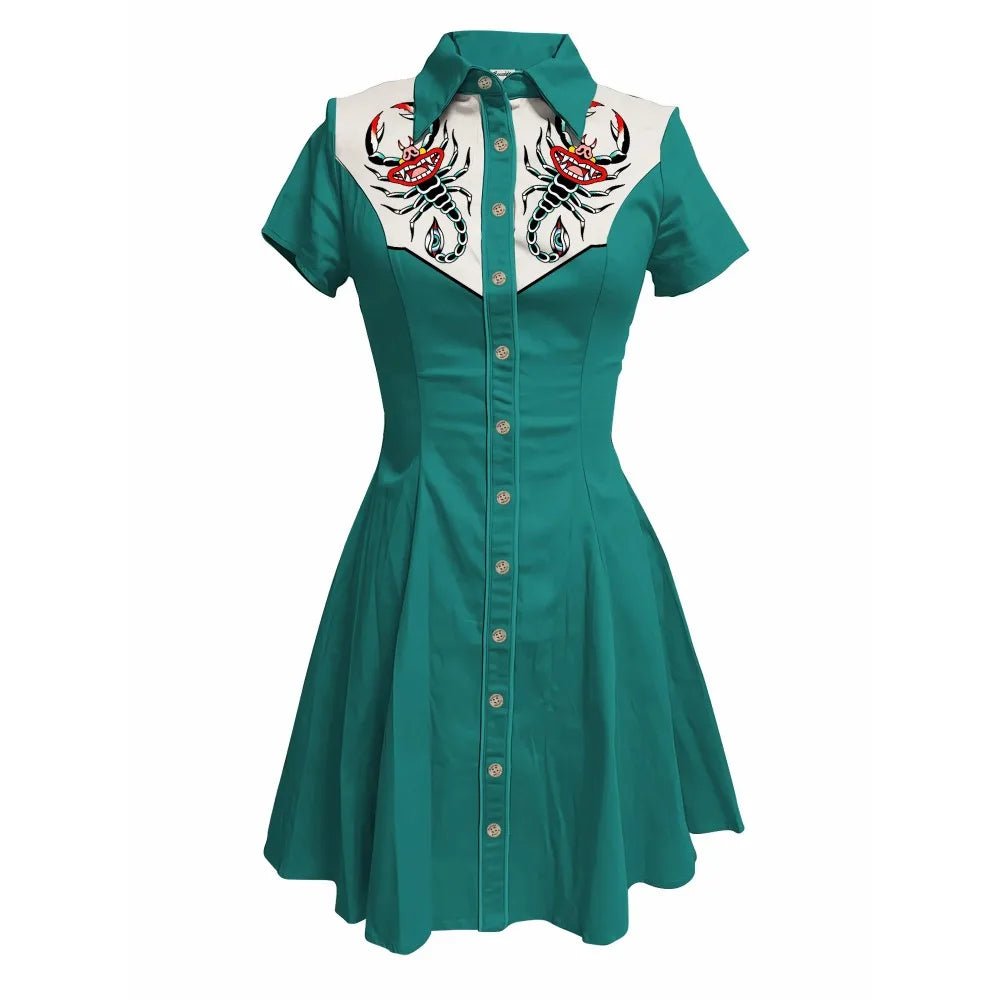 Flower and Moth Printed Cowgirl Dress for Women Button - down Dress Short Sleeves - American Thistle Flower and Moth Printed Cowgirl Dress for Women Button - down Dress Short Sleeves