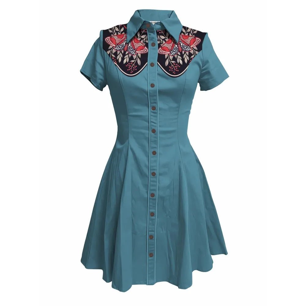 Flower and Moth Printed Cowgirl Dress for Women Button - down Dress Short Sleeves - American Thistle Flower and Moth Printed Cowgirl Dress for Women Button - down Dress Short Sleeves