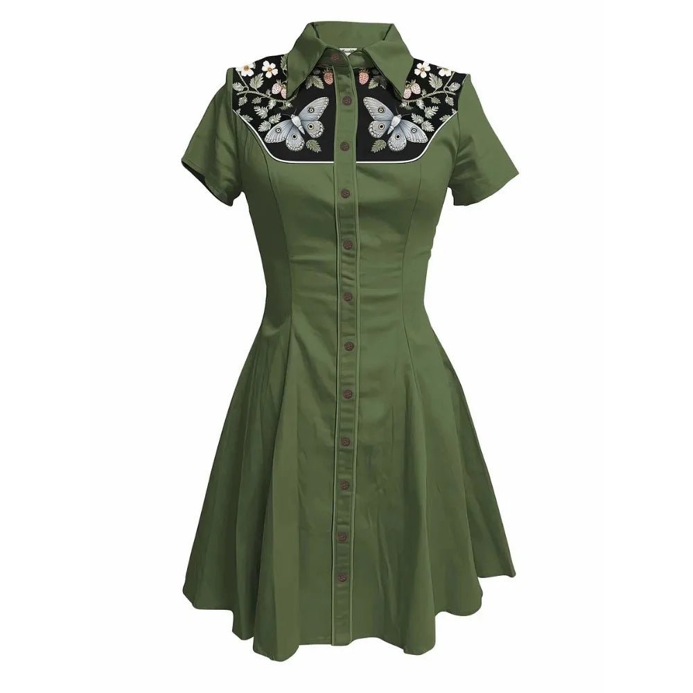 Flower and Moth Printed Cowgirl Dress for Women Button - down Dress Short Sleeves - American Thistle Flower and Moth Printed Cowgirl Dress for Women Button - down Dress Short Sleeves