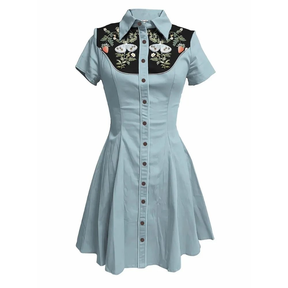 Flower and Moth Printed Cowgirl Dress for Women Button - down Dress Short Sleeves - American Thistle Flower and Moth Printed Cowgirl Dress for Women Button - down Dress Short Sleeves