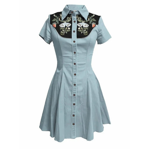 Flower and Moth Printed Cowgirl Dress for Women Button - down Dress Short Sleeves - American Thistle Flower and Moth Printed Cowgirl Dress for Women Button - down Dress Short Sleeves