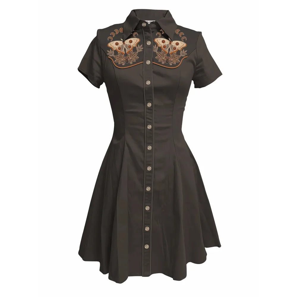 Flower and Moth Printed Cowgirl Dress for Women Button - down Dress Short Sleeves - American Thistle Flower and Moth Printed Cowgirl Dress for Women Button - down Dress Short Sleeves