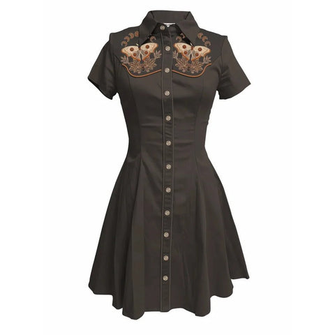 Flower and Moth Printed Cowgirl Dress for Women Button - down Dress Short Sleeves - American Thistle Flower and Moth Printed Cowgirl Dress for Women Button - down Dress Short Sleeves